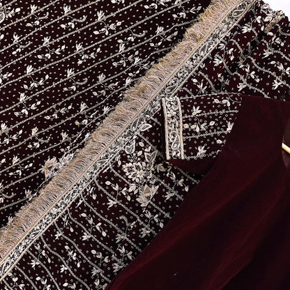 Indian Heavy Wedding Maroon Velvet/Net Hand Embroidered Lehenga Set of 3pcs Bollywood style wedding wear