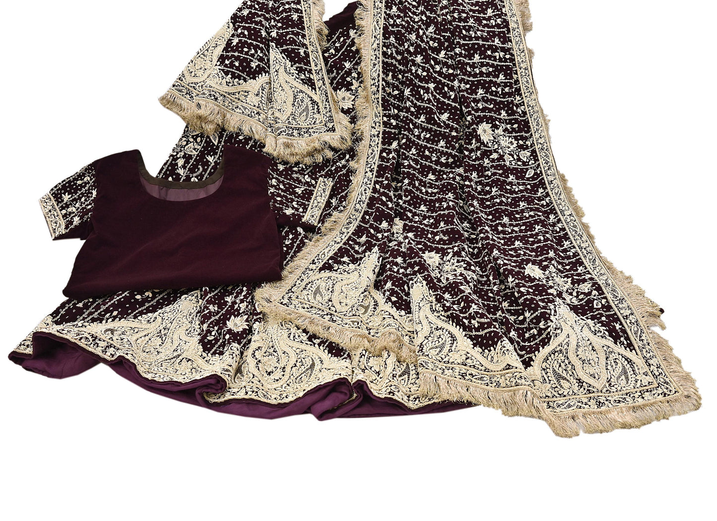 Indian Heavy Wedding Maroon Velvet/Net Hand Embroidered Lehenga Set of 3pcs Bollywood style wedding wear