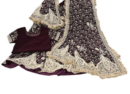 Indian Heavy Wedding Maroon Velvet/Net Hand Embroidered Lehenga Set of 3pcs Bollywood style wedding wear