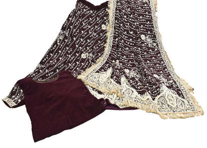 Indian Heavy Wedding Maroon Velvet/Net Hand Embroidered Lehenga Set of 3pcs Bollywood style wedding wear