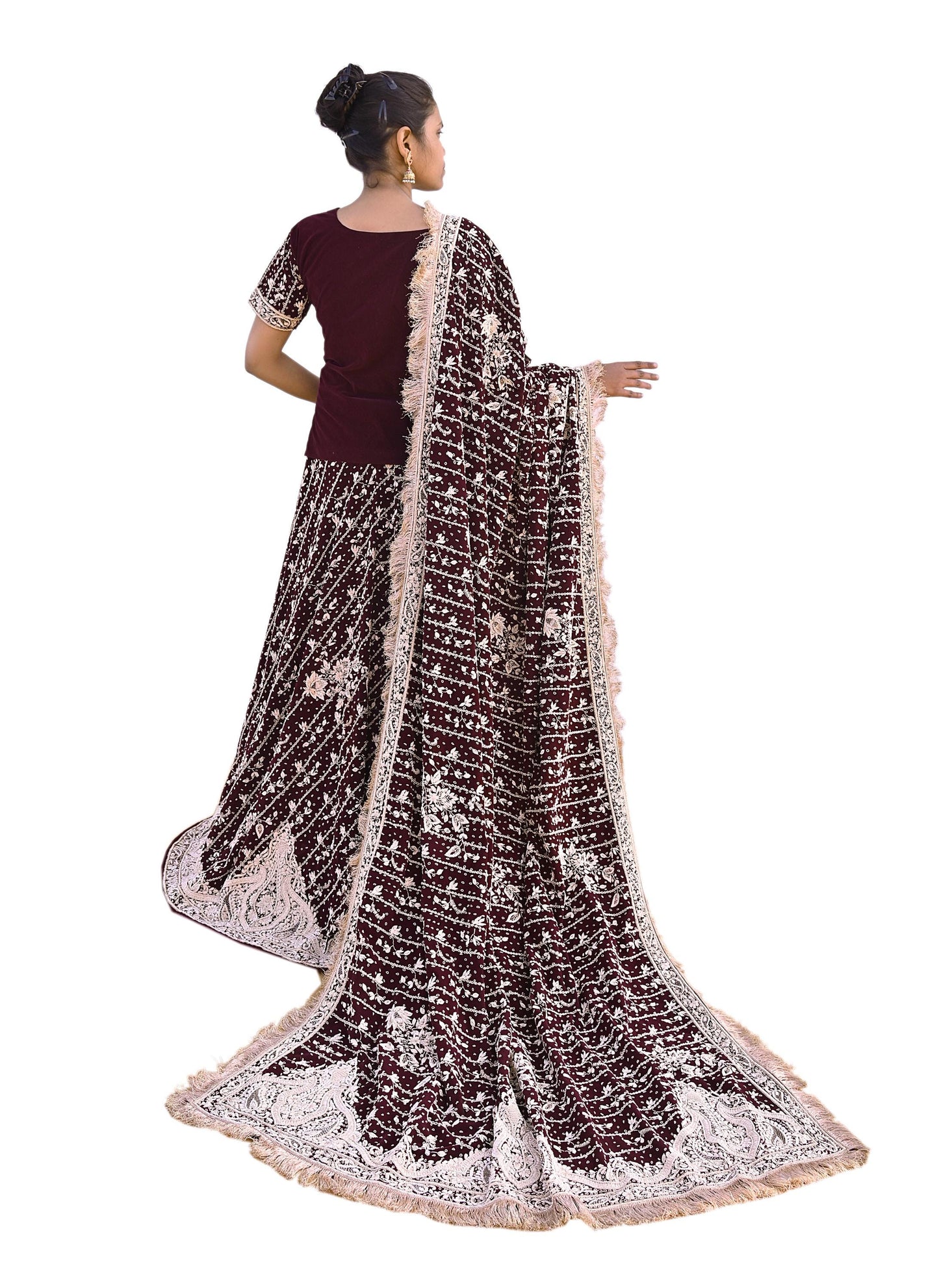 Indian Heavy Wedding Maroon Velvet/Net Hand Embroidered Lehenga Set of 3pcs Bollywood style wedding wear