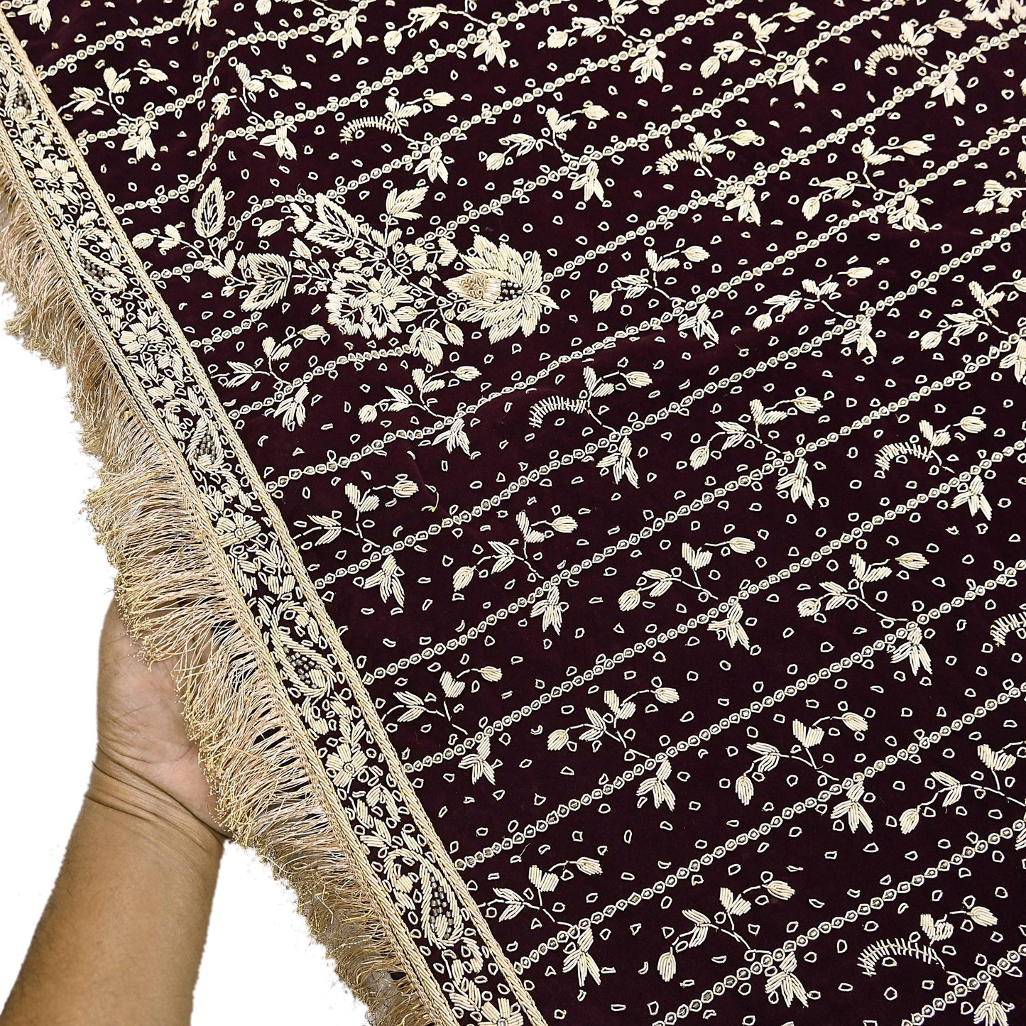 Indian Vintage Heavy Maroon Dupatta Velvet Long Stole Hand Embroidered Scarves Golden Zardozi Zari Wedding Veil Bridal Wear