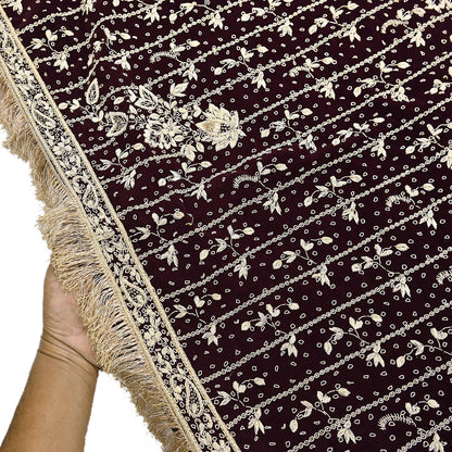 Indian Vintage Heavy Maroon Dupatta Velvet Long Stole Hand Embroidered Scarves Golden Zardozi Zari Wedding Veil Bridal Wear
