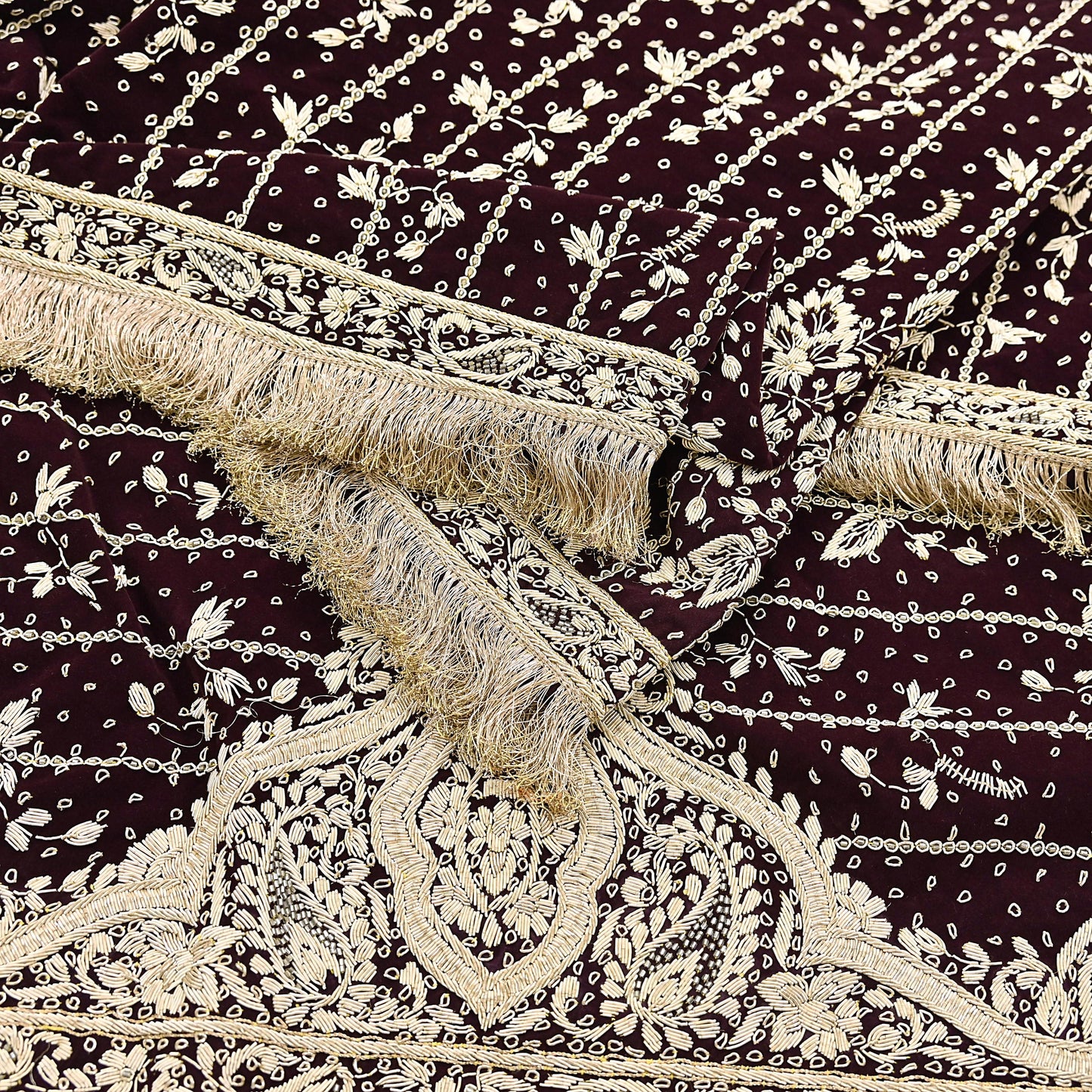 Indian Vintage Heavy Maroon Dupatta Velvet Long Stole Hand Embroidered Scarves Golden Zardozi Zari Wedding Veil Bridal Wear