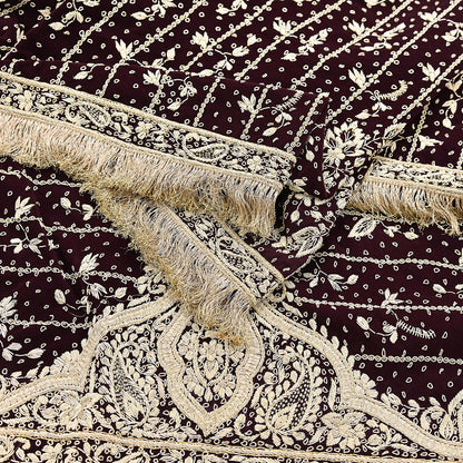 Indian Vintage Heavy Maroon Dupatta Velvet Long Stole Hand Embroidered Scarves Golden Zardozi Zari Wedding Veil Bridal Wear