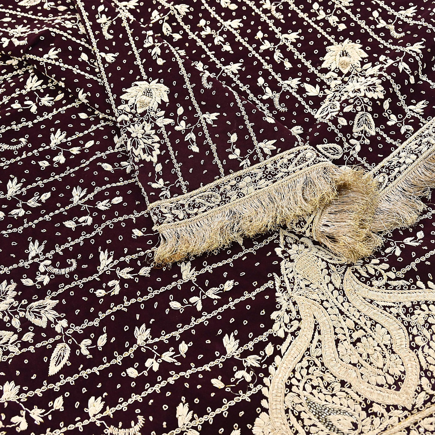 Indian Vintage Heavy Maroon Dupatta Velvet Long Stole Hand Embroidered Scarves Golden Zardozi Zari Wedding Veil Bridal Wear