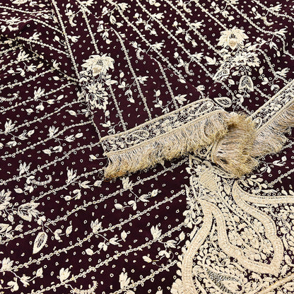 Indian Vintage Heavy Maroon Dupatta Velvet Long Stole Hand Embroidered Scarves Golden Zardozi Zari Wedding Veil Bridal Wear