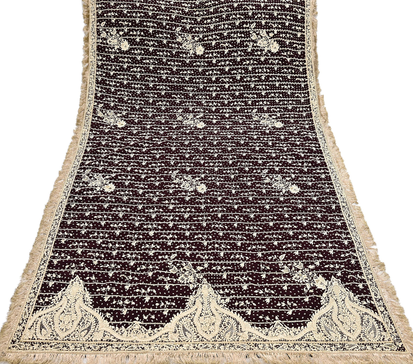 Indian Vintage Heavy Maroon Dupatta Velvet Long Stole Hand Embroidered Scarves Golden Zardozi Zari Wedding Veil Bridal Wear
