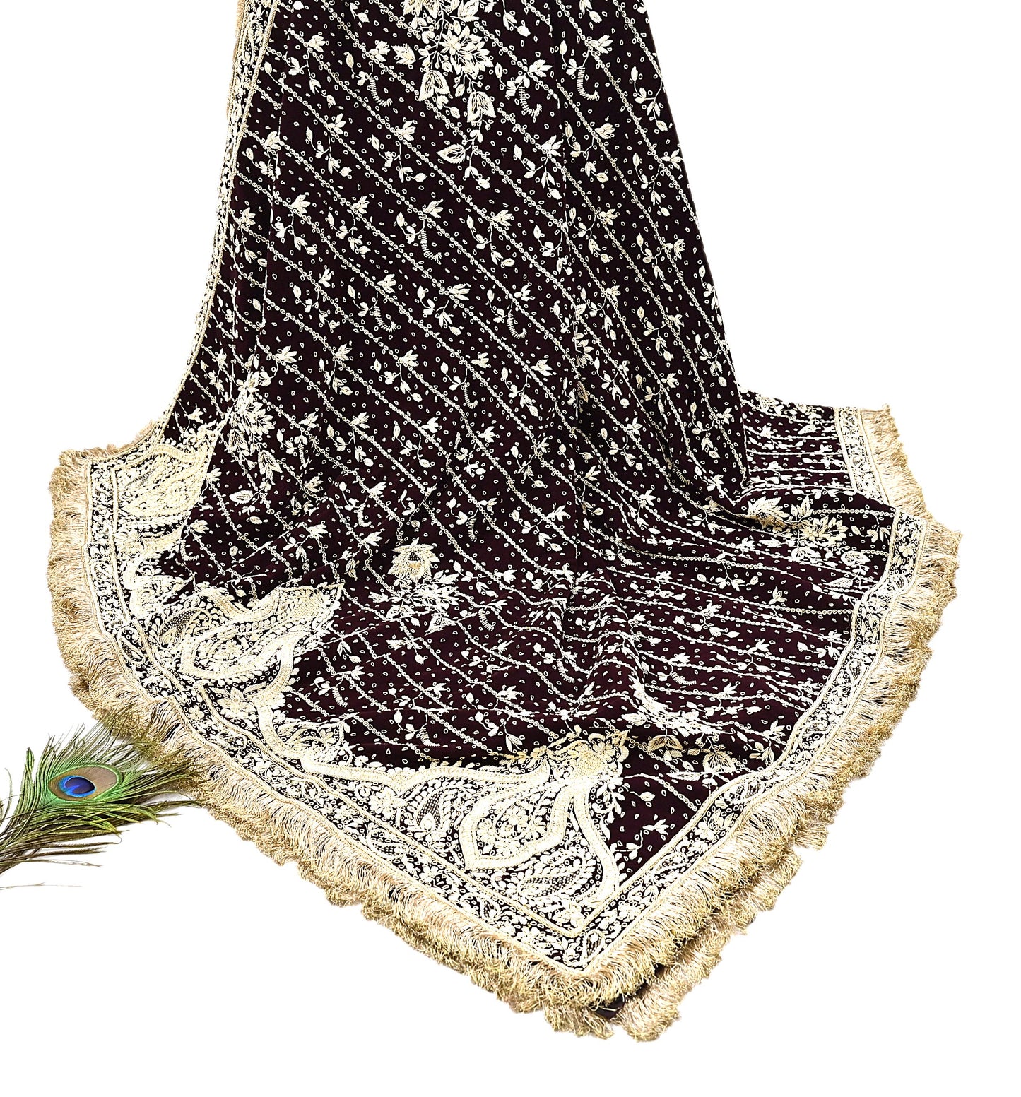 Indian Vintage Heavy Maroon Dupatta Velvet Long Stole Hand Embroidered Scarves Golden Zardozi Zari Wedding Veil Bridal Wear