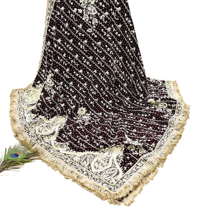 Indian Vintage Heavy Maroon Dupatta Velvet Long Stole Hand Embroidered Scarves Golden Zardozi Zari Wedding Veil Bridal Wear