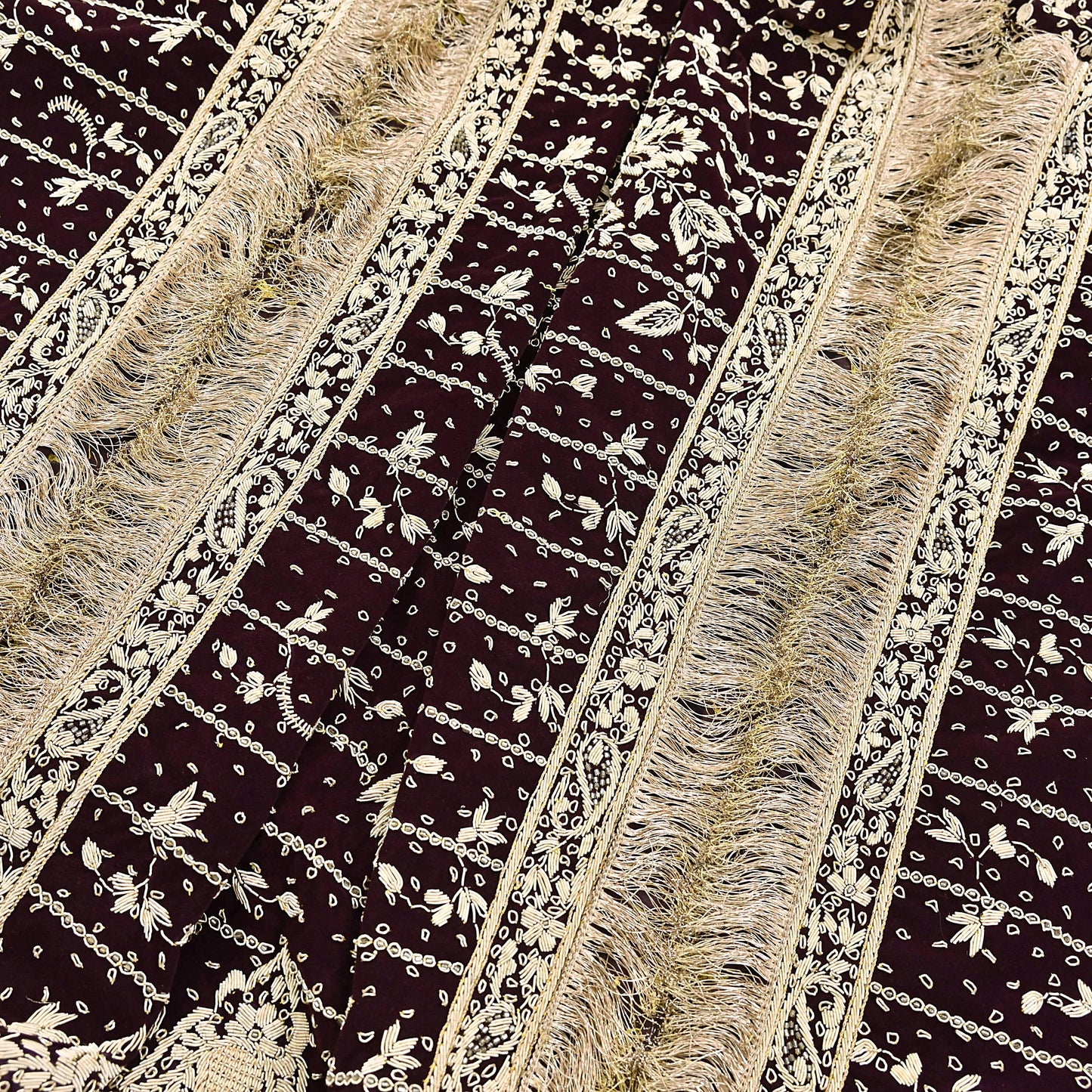 Indian Vintage Heavy Maroon Dupatta Velvet Long Stole Hand Embroidered Scarves Golden Zardozi Zari Wedding Veil Bridal Wear