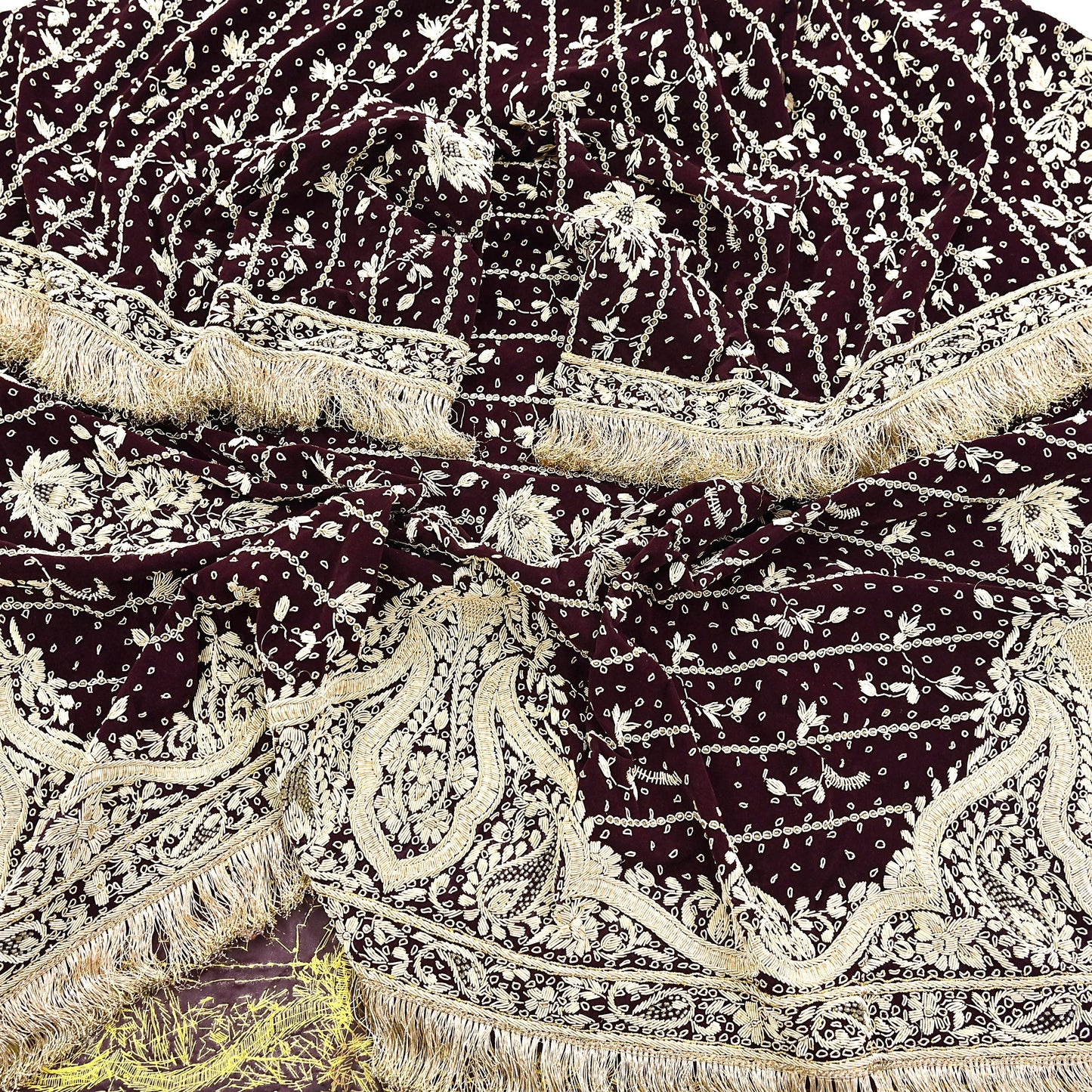 Indian Vintage Heavy Maroon Dupatta Velvet Long Stole Hand Embroidered Scarves Golden Zardozi Zari Wedding Veil Bridal Wear