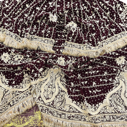 Indian Vintage Heavy Maroon Dupatta Velvet Long Stole Hand Embroidered Scarves Golden Zardozi Zari Wedding Veil Bridal Wear