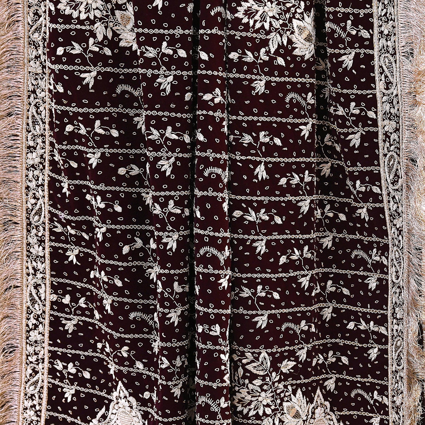 Indian Vintage Heavy Maroon Dupatta Velvet Long Stole Hand Embroidered Scarves Golden Zardozi Zari Wedding Veil Bridal Wear