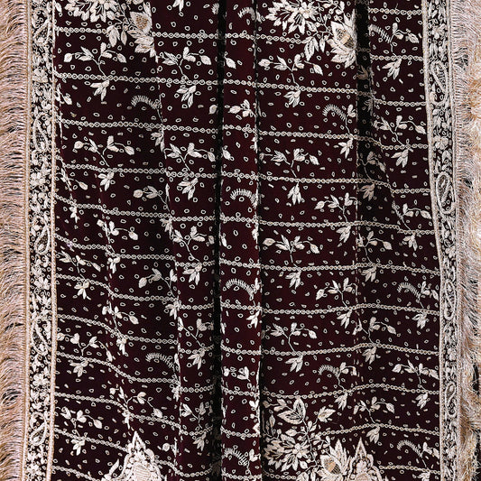 Indian Vintage Heavy Maroon Dupatta Velvet Long Stole Hand Embroidered Scarves Golden Zardozi Zari Wedding Veil Bridal Wear