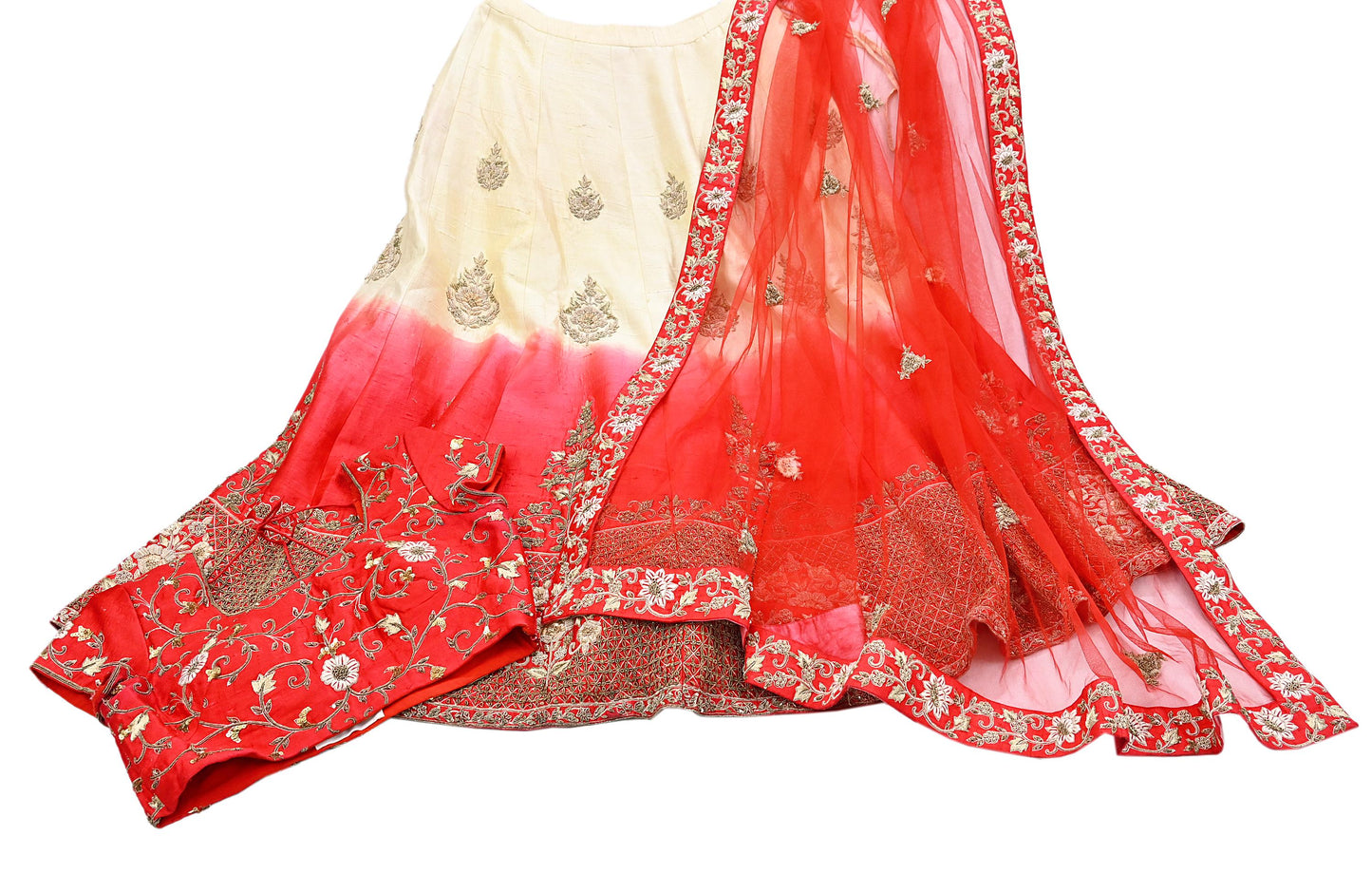 Indian Heavy Ivory Red Raw Silk & Net Hand Embroidered Lehenga 3pcs Set Designer By Manish Malhotra Party Wear