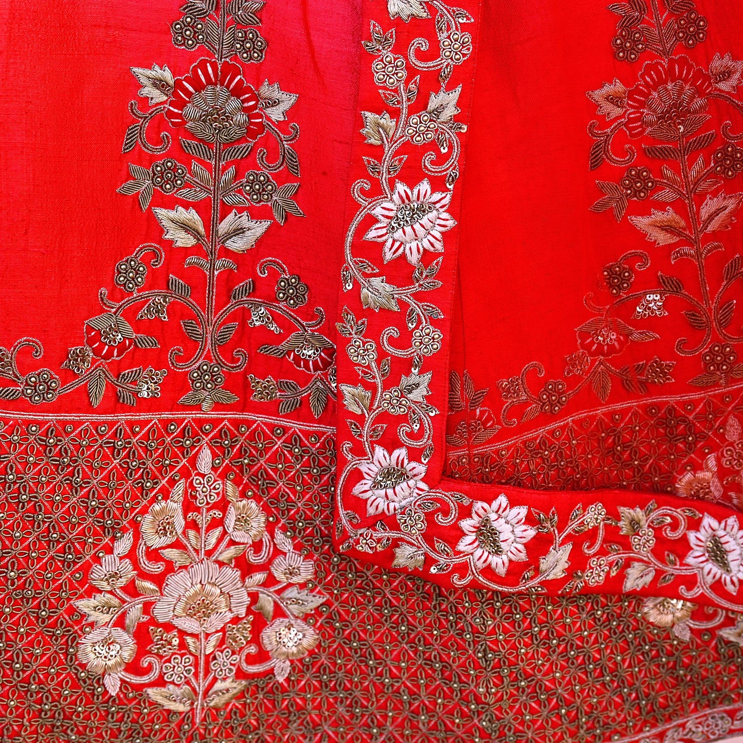 Indian Heavy Ivory Red Raw Silk & Net Hand Embroidered Lehenga 3pcs Set Designer By Manish Malhotra Party Wear