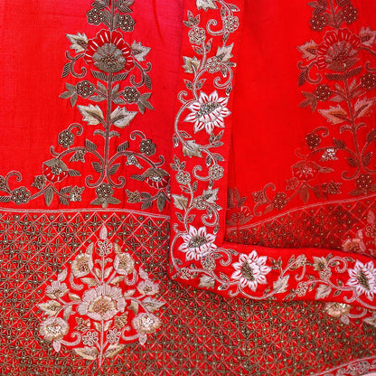 Indian Heavy Ivory Red Raw Silk & Net Hand Embroidered Lehenga 3pcs Set Designer By Manish Malhotra Party Wear