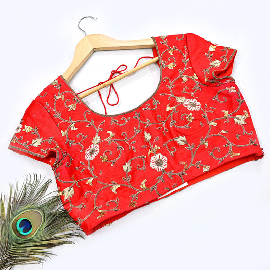 Indian Pre-owned Red raw silk Hand Embroidered By Designer manish malhotra Padded Blouse/Top/Crop L Size Party wear Bollywood