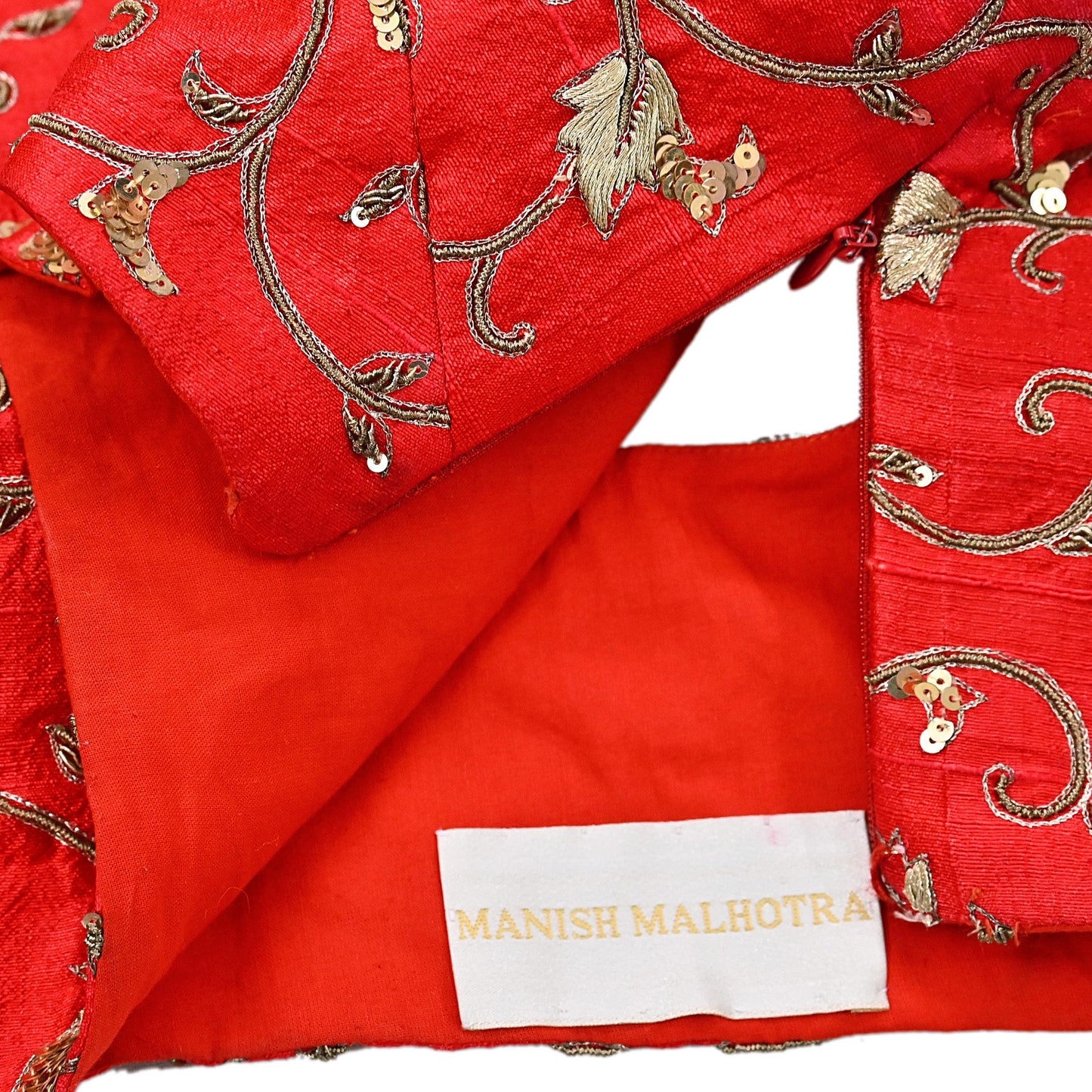 Indian Pre-owned Red raw silk Hand Embroidered By Designer manish malhotra Padded Blouse/Top/Crop L Size Party wear Bollywood