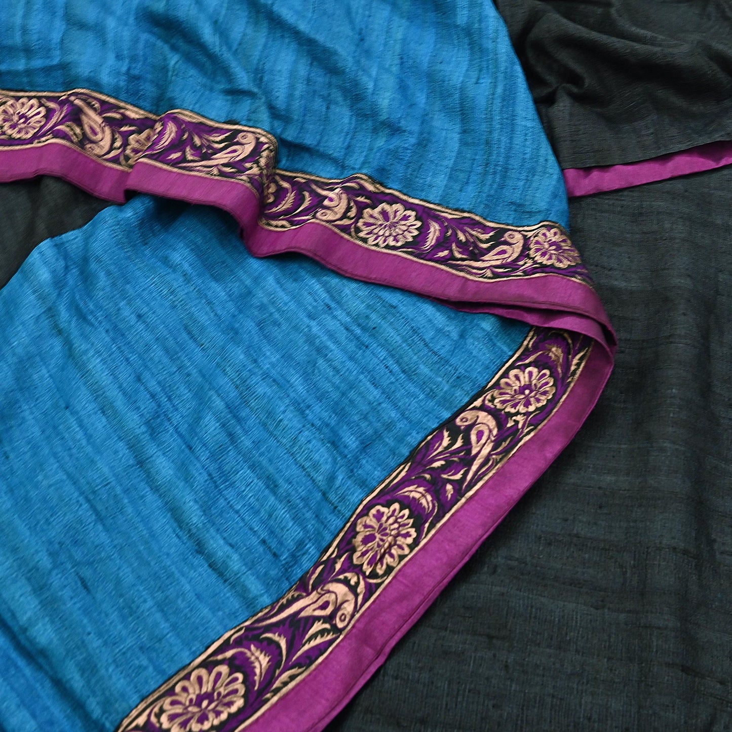 Indian Vintage Blue & Black Saree Pure Khadi Silk Handloom Hand Beaded Sari Craft Fabric 6yd Ethnic Fringes Dress making Crafting Quilting