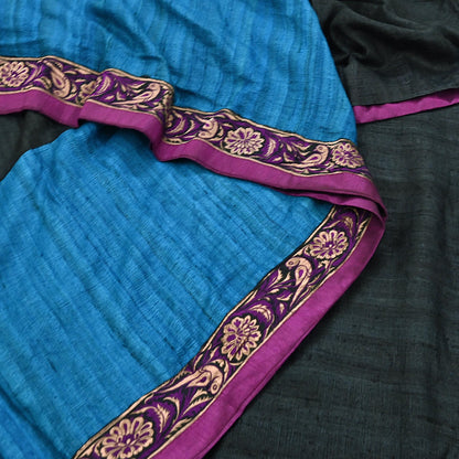 Indian Vintage Blue & Black Saree Pure Khadi Silk Handloom Hand Beaded Sari Craft Fabric 6yd Ethnic Fringes Dress making Crafting Quilting