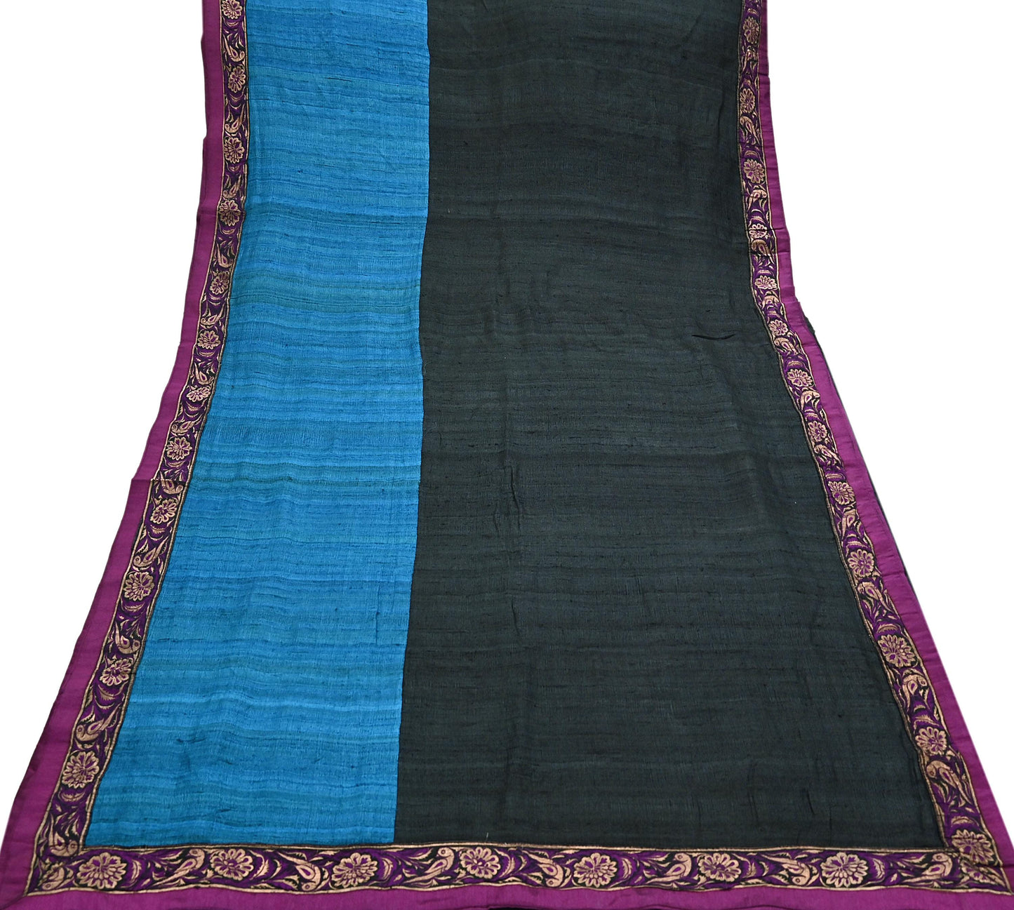 Indian Vintage Blue & Black Saree Pure Khadi Silk Handloom Hand Beaded Sari Craft Fabric 6yd Ethnic Fringes Dress making Crafting Quilting