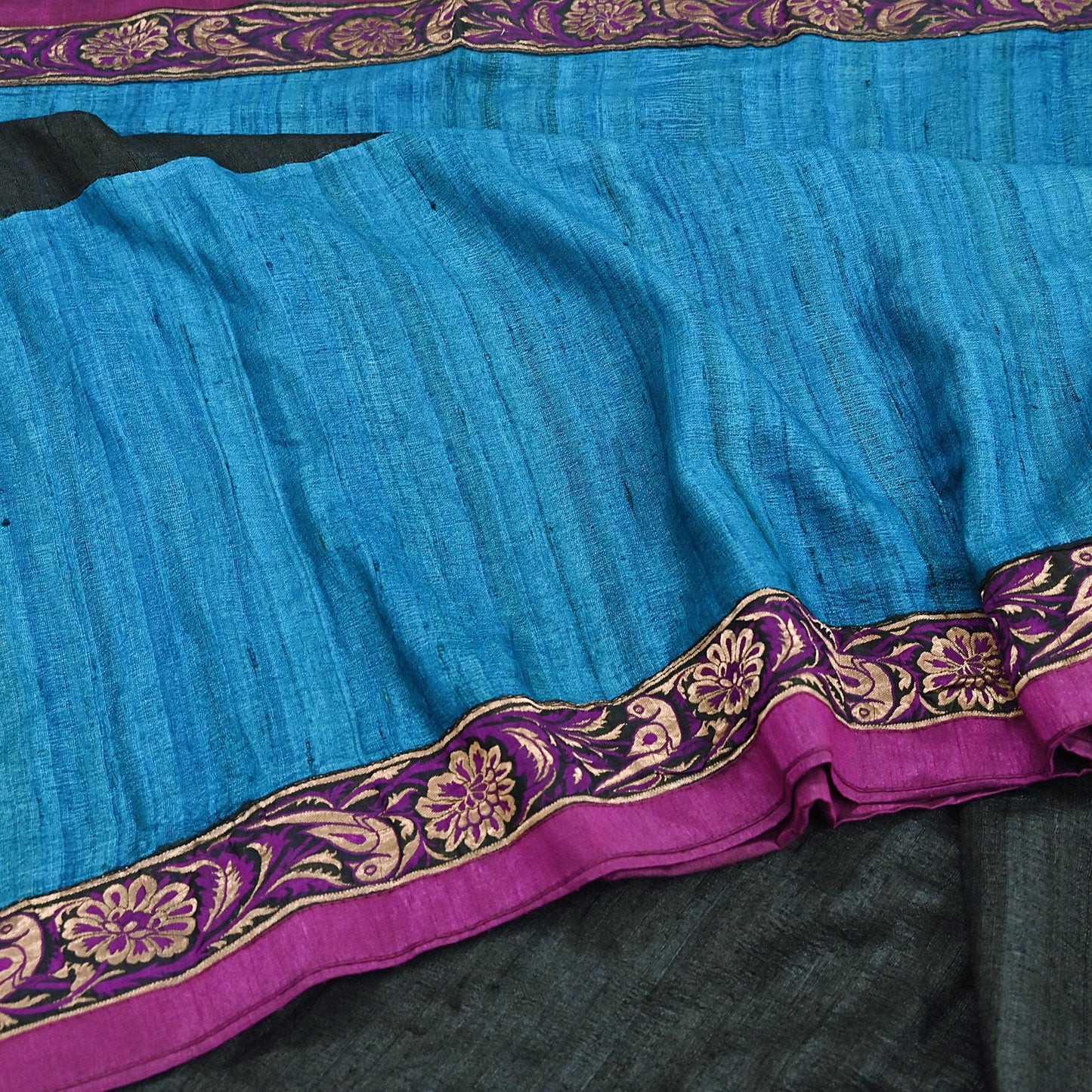 Indian Vintage Blue & Black Saree Pure Khadi Silk Handloom Hand Beaded Sari Craft Fabric 6yd Ethnic Fringes Dress making Crafting Quilting