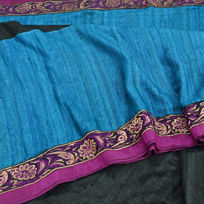 Indian Vintage Blue & Black Saree Pure Khadi Silk Handloom Hand Beaded Sari Craft Fabric 6yd Ethnic Fringes Dress making Crafting Quilting