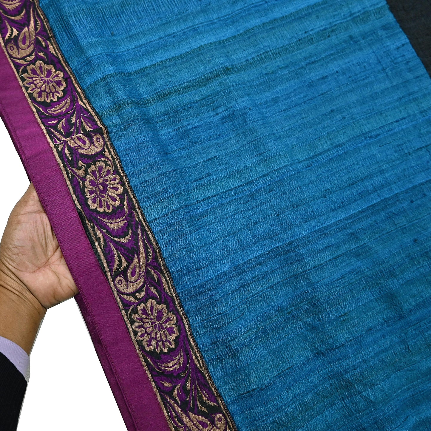 Indian Vintage Blue & Black Saree Pure Khadi Silk Handloom Hand Beaded Sari Craft Fabric 6yd Ethnic Fringes Dress making Crafting Quilting