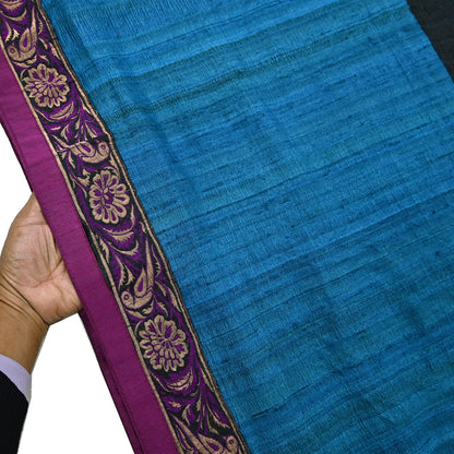 Indian Vintage Blue & Black Saree Pure Khadi Silk Handloom Hand Beaded Sari Craft Fabric 6yd Ethnic Fringes Dress making Crafting Quilting