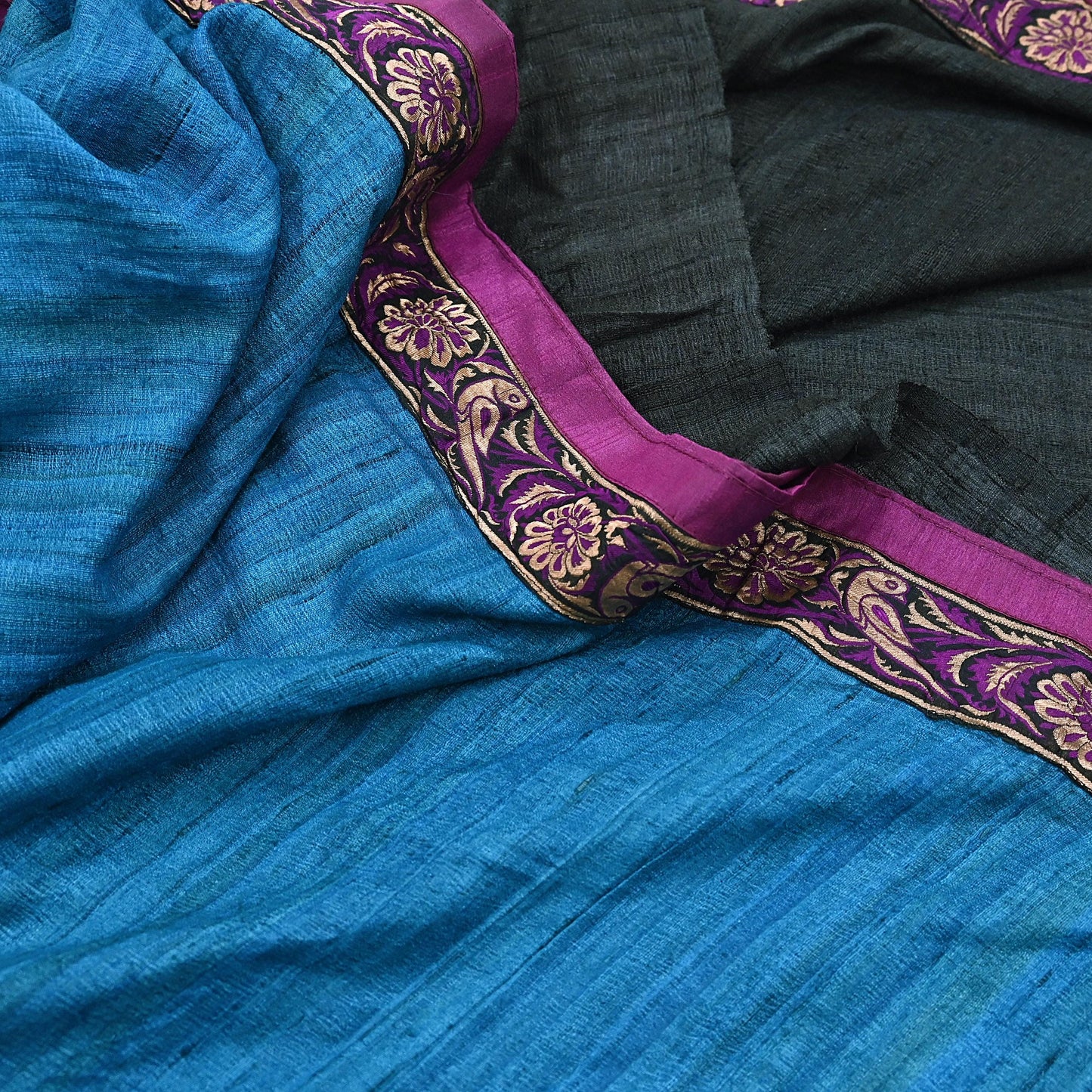 Indian Vintage Blue & Black Saree Pure Khadi Silk Handloom Hand Beaded Sari Craft Fabric 6yd Ethnic Fringes Dress making Crafting Quilting