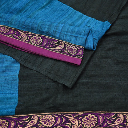 Indian Vintage Blue & Black Saree Pure Khadi Silk Handloom Hand Beaded Sari Craft Fabric 6yd Ethnic Fringes Dress making Crafting Quilting