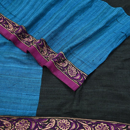 Indian Vintage Blue & Black Saree Pure Khadi Silk Handloom Hand Beaded Sari Craft Fabric 6yd Ethnic Fringes Dress making Crafting Quilting