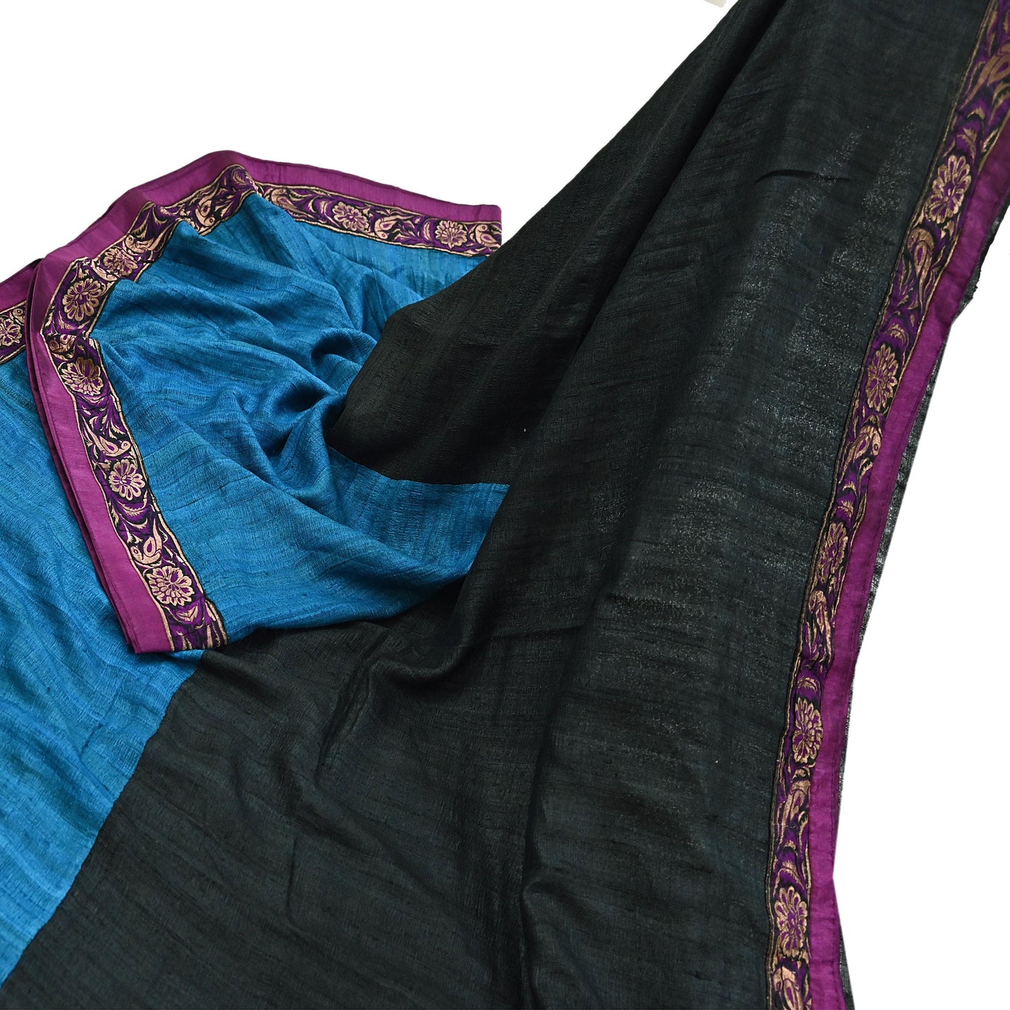 Indian Vintage Blue & Black Saree Pure Khadi Silk Handloom Hand Beaded Sari Craft Fabric 6yd Ethnic Fringes Dress making Crafting Quilting