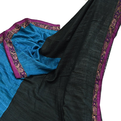 Indian Vintage Blue & Black Saree Pure Khadi Silk Handloom Hand Beaded Sari Craft Fabric 6yd Ethnic Fringes Dress making Crafting Quilting