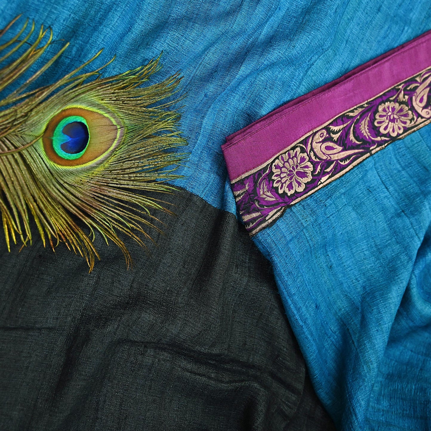 Indian Vintage Blue & Black Saree Pure Khadi Silk Handloom Hand Beaded Sari Craft Fabric 6yd Ethnic Fringes Dress making Crafting Quilting