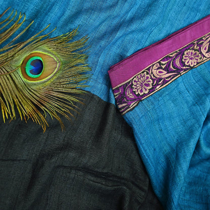Indian Vintage Blue & Black Saree Pure Khadi Silk Handloom Hand Beaded Sari Craft Fabric 6yd Ethnic Fringes Dress making Crafting Quilting