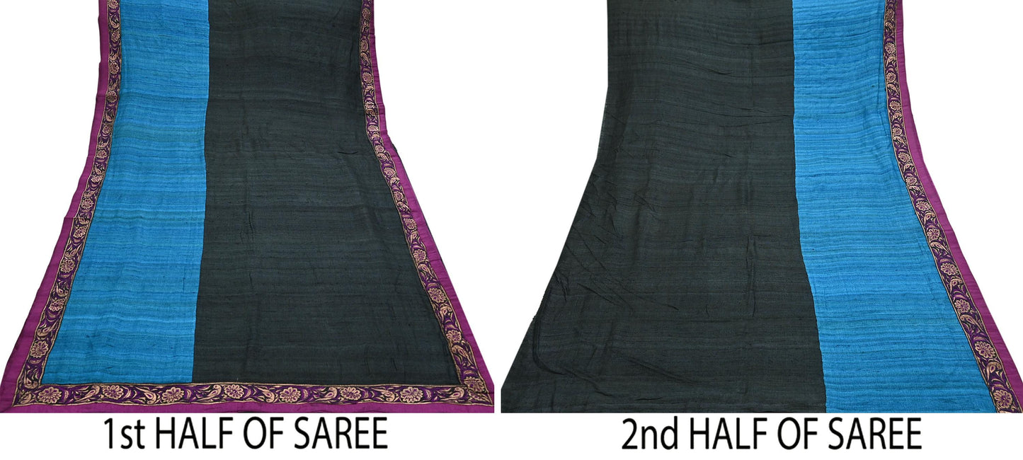 Indian Vintage Blue & Black Saree Pure Khadi Silk Handloom Hand Beaded Sari Craft Fabric 6yd Ethnic Fringes Dress making Crafting Quilting