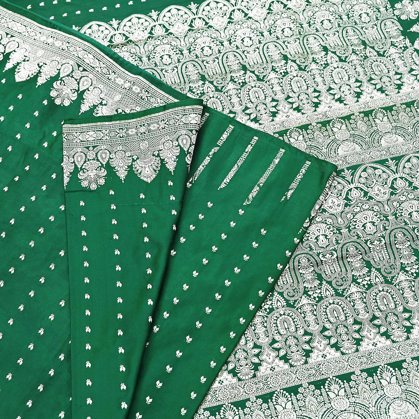 Indian Vintage Sari Bottle Green Heavy Wedding Pure Satin Silk Woven Banarasi Brocade Saree Zari 5Yd Craft Fabric Ethnic Dress making
