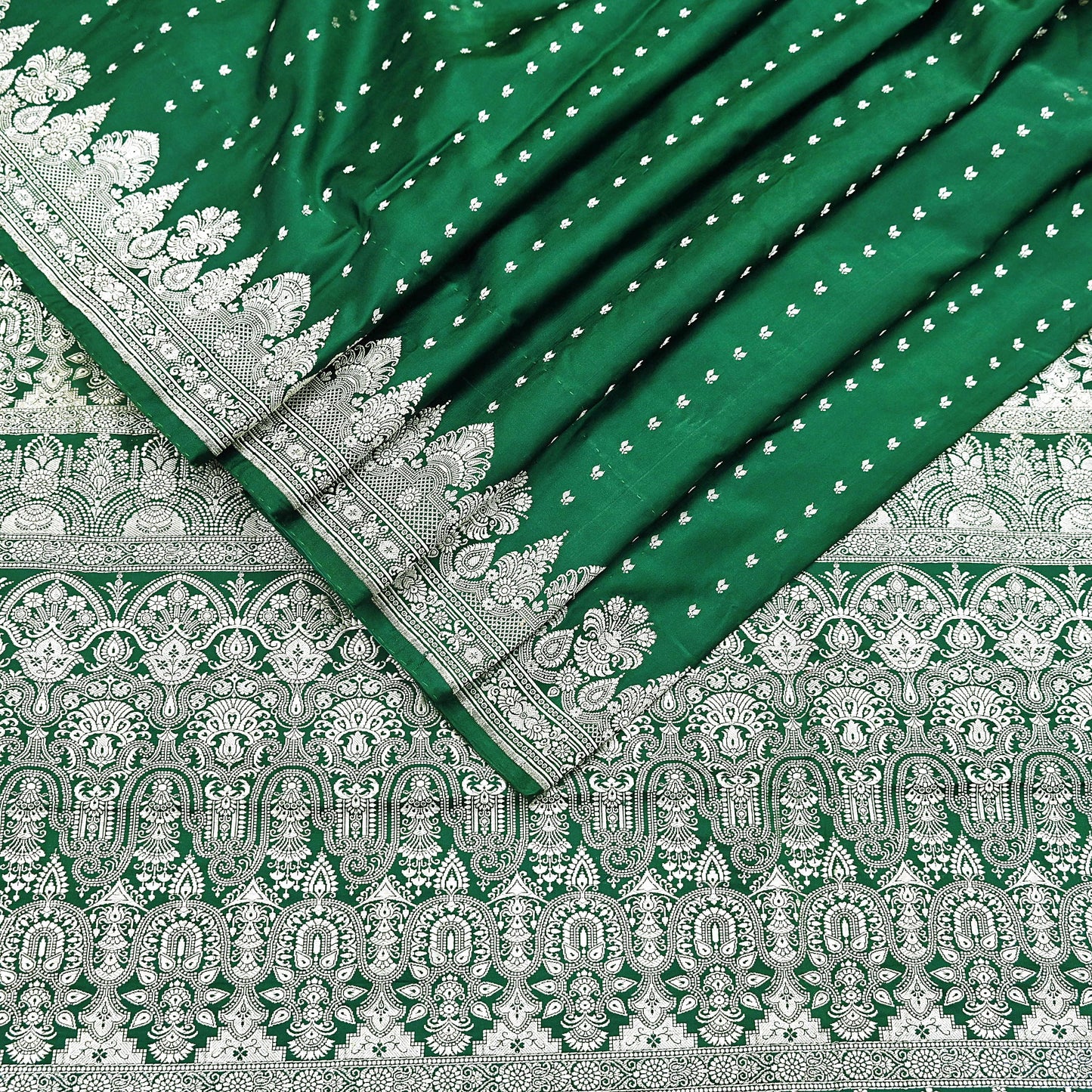 Indian Vintage Sari Bottle Green Heavy Wedding Pure Satin Silk Woven Banarasi Brocade Saree Zari 5Yd Craft Fabric Ethnic Dress making