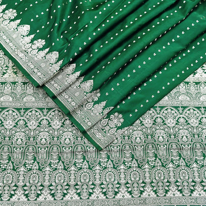 Indian Vintage Sari Bottle Green Heavy Wedding Pure Satin Silk Woven Banarasi Brocade Saree Zari 5Yd Craft Fabric Ethnic Dress making