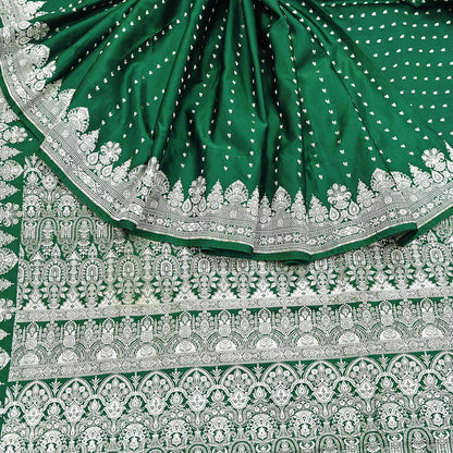 Indian Vintage Sari Bottle Green Heavy Wedding Pure Satin Silk Woven Banarasi Brocade Saree Zari 5Yd Craft Fabric Ethnic Dress making