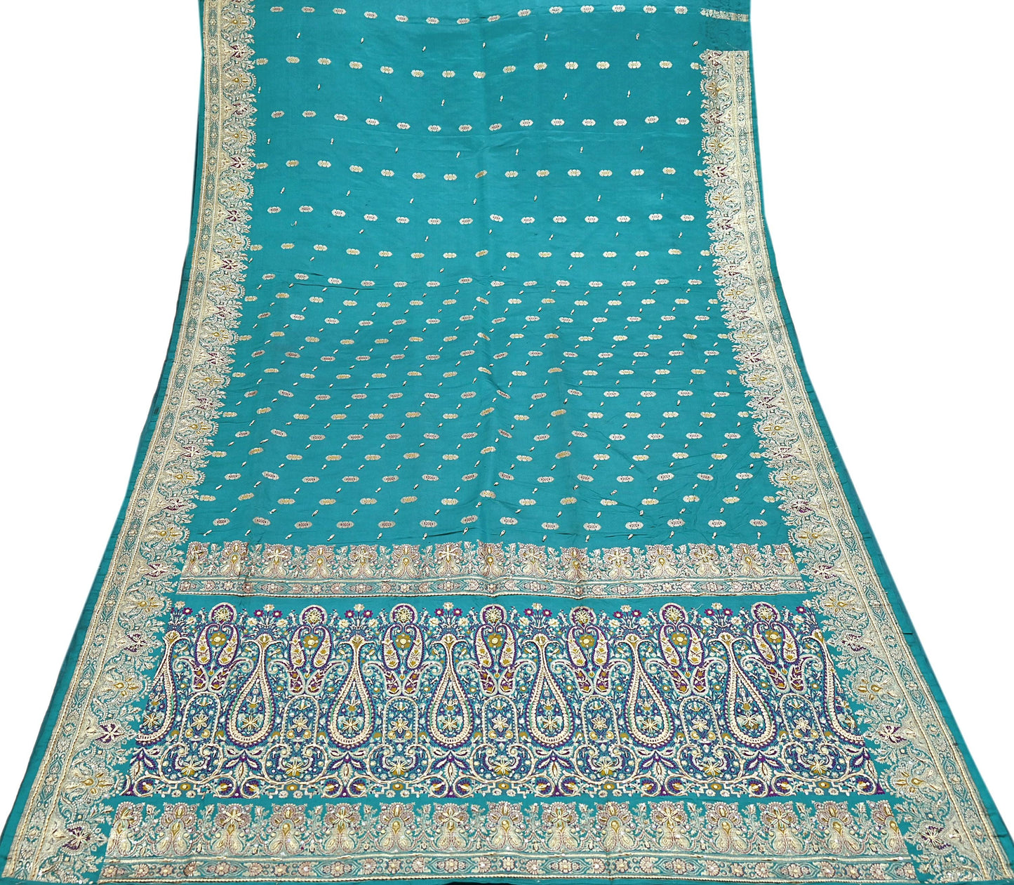 Indian Vintage Green Heavy Wedding Saree Pure Satin Silk Hand Embroidered Banarsi Brocade Sari Zari/Zardozi/Dabka 5Yd Dressmaking