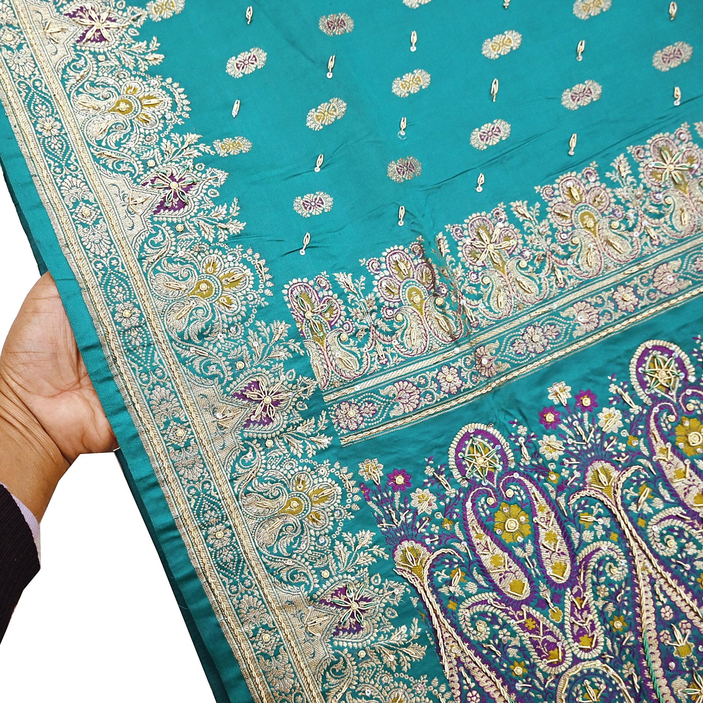 Indian Vintage Green Heavy Wedding Saree Pure Satin Silk Hand Embroidered Banarsi Brocade Sari Zari/Zardozi/Dabka 5Yd Dressmaking