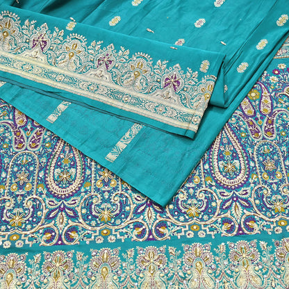 Indian Vintage Green Heavy Wedding Saree Pure Satin Silk Hand Embroidered Banarsi Brocade Sari Zari/Zardozi/Dabka 5Yd Dressmaking