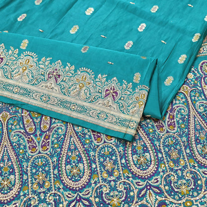 Indian Vintage Green Heavy Wedding Saree Pure Satin Silk Hand Embroidered Banarsi Brocade Sari Zari/Zardozi/Dabka 5Yd Dressmaking