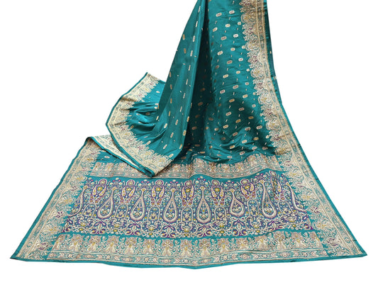 Indian Vintage Green Heavy Wedding Saree Pure Satin Silk Hand Embroidered Banarsi Brocade Sari Zari/Zardozi/Dabka 5Yd Dressmaking