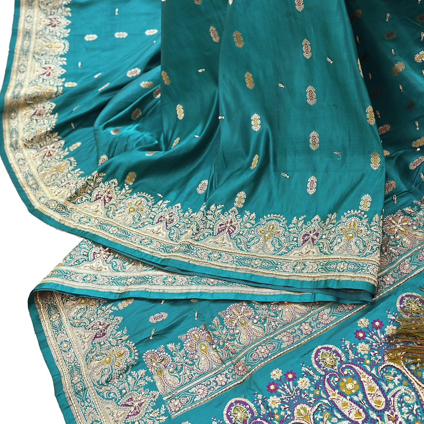 Indian Vintage Green Heavy Wedding Saree Pure Satin Silk Hand Embroidered Banarsi Brocade Sari Zari/Zardozi/Dabka 5Yd Dressmaking