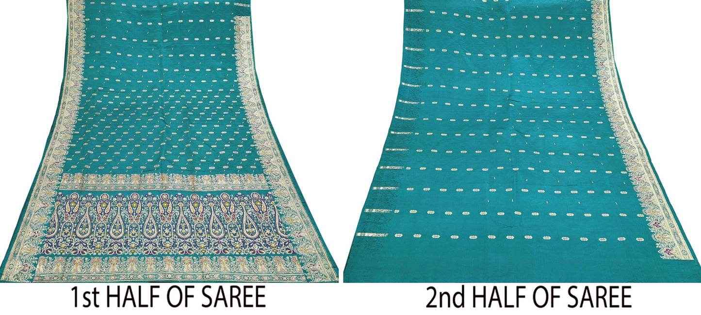 Indian Vintage Green Heavy Wedding Saree Pure Satin Silk Hand Embroidered Banarsi Brocade Sari Zari/Zardozi/Dabka 5Yd Dressmaking